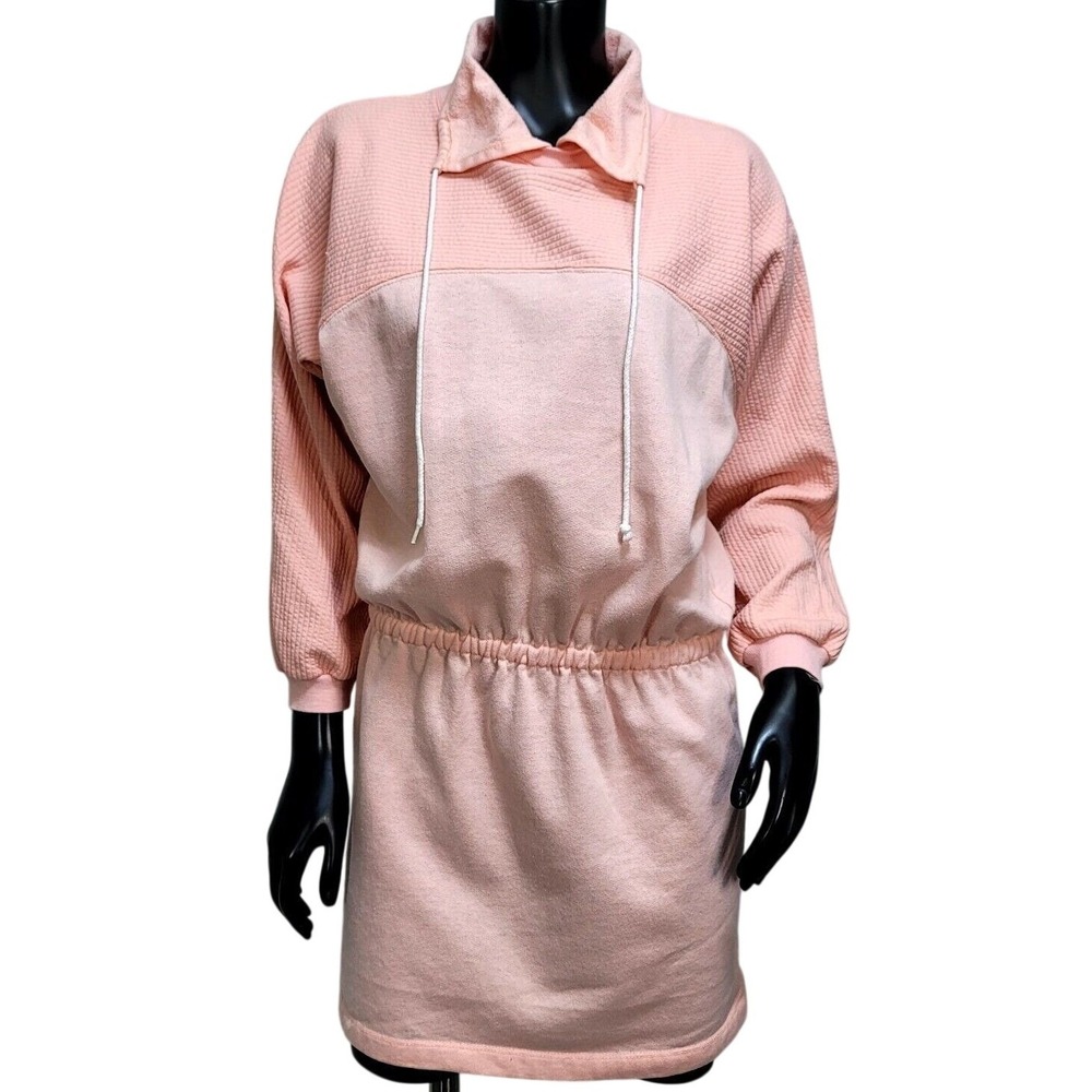 Vintage Hang Ten Peach Pink Sweatshirt Dress Funnel Neck Elastic Waist Small USA